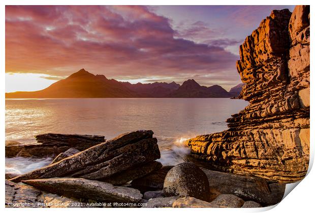 Elgol sunset at the golden hour  on the Isle of Sk Print by PHILIP CHALK