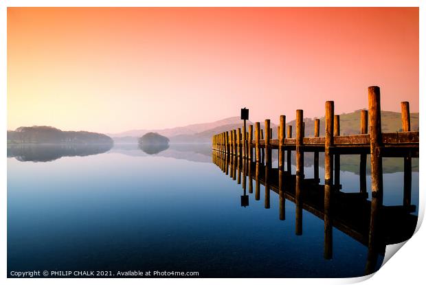 Coniston water Sunrise flat calm with a jetty   43 Print by PHILIP CHALK