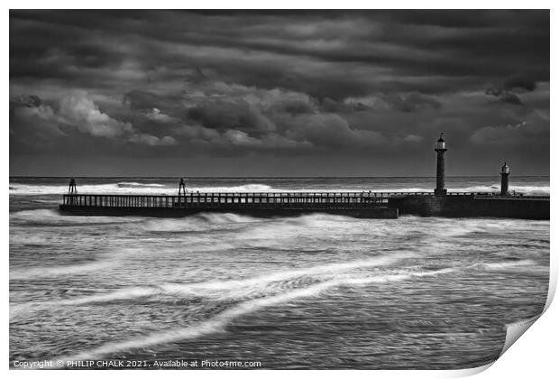 Whitby west pier in a storm 472  Print by PHILIP CHALK