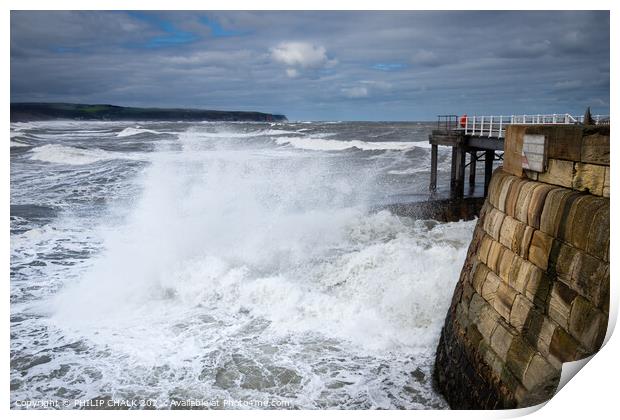 Whitby west pier with waves crashing through the gap 480  Print by PHILIP CHALK