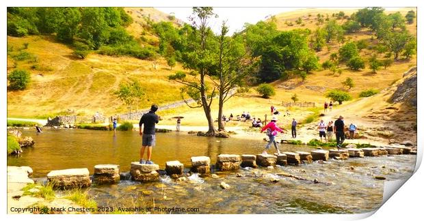 Crossing the River at Dovedale Stepping Stones Print by Mark Chesters