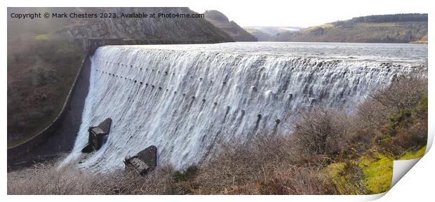 Caban Coch dam in full flow Print by Mark Chesters