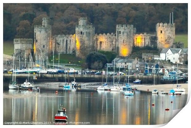 Conwy Castle and boats at dusk Print by Mark Chesters