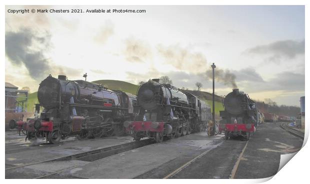 3 Steam Trains at Dawn Print by Mark Chesters