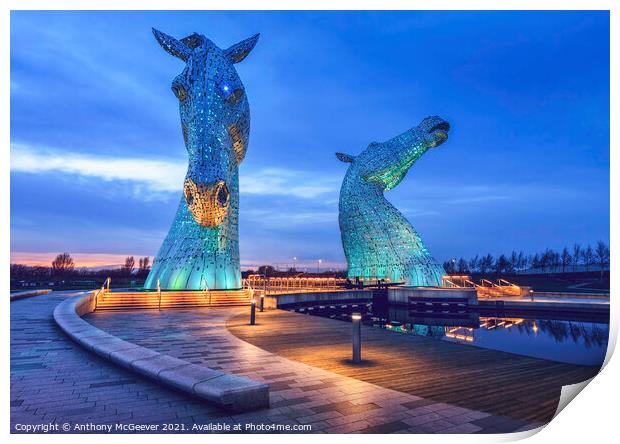 The Kelpies Blue  Print by Anthony McGeever