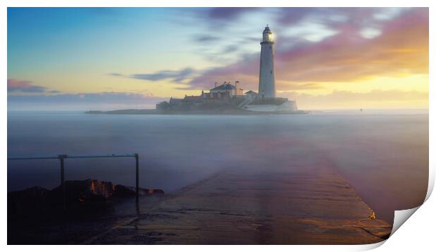 Misty Sunrise at St Marys Lighthouse Print by Anthony McGeever