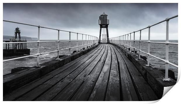 Whitby's East Pier in black and white  Print by Anthony McGeever