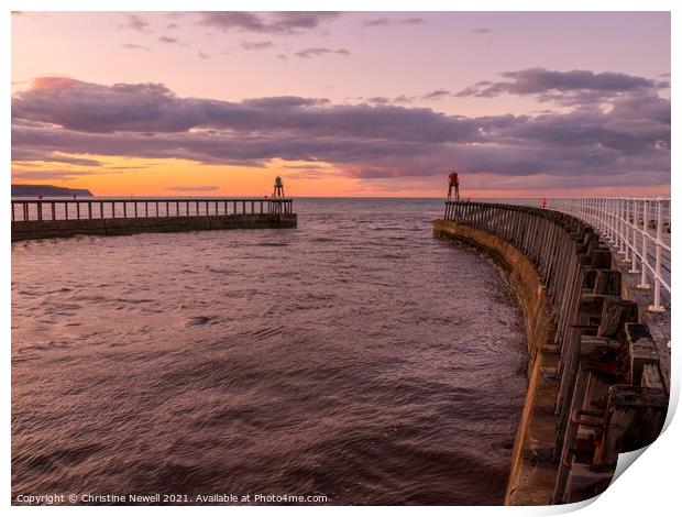 Whitby Harbour as the Sun Sets Print by Christine Newell