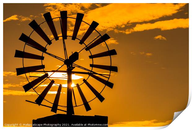 Windmill at sunset in Majorca Print by MallorcaScape Images