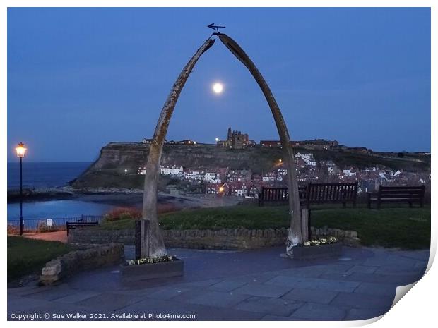 Full moon over Whitby Abbey Print by Sue Walker