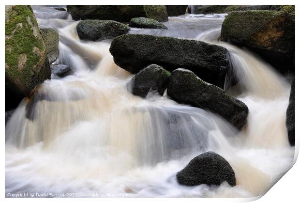 Water flowing down between rocks Print by David Forrest