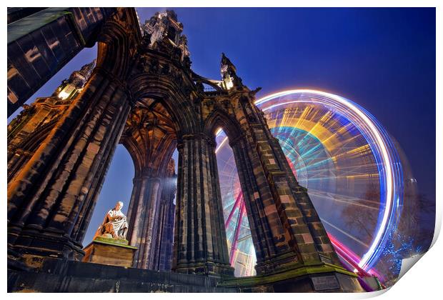 The Scott Monument in Edinburgh with Ferris wheel. Print by Andrea Obzerova