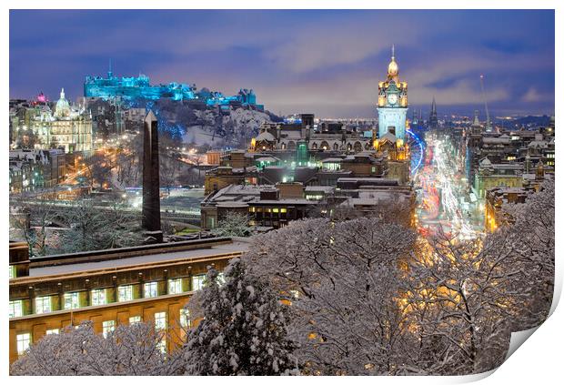 Edinburgh city at night covered in snow.  Print by Andrea Obzerova