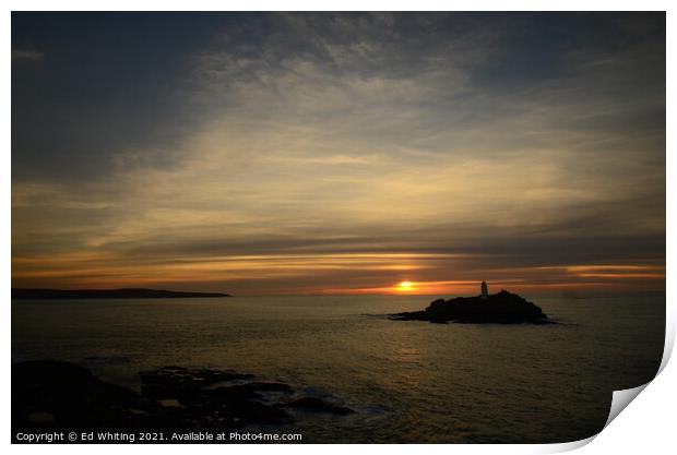 Sunset over Godrevy looking towards St Ives Print by Ed Whiting