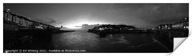 Porthleven early evening in Black and white. Super wide. Print by Ed Whiting