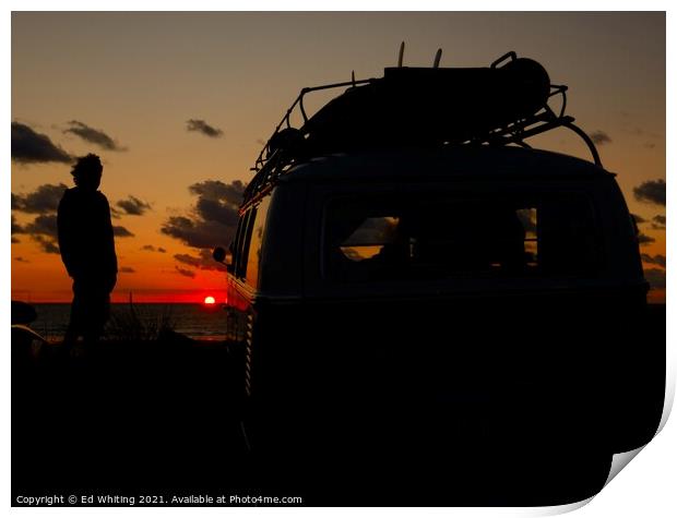 Split screen VW camper van in a Cornish sunset Print by Ed Whiting