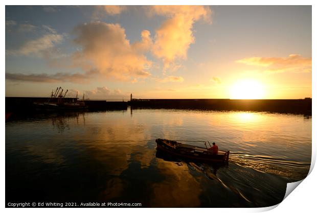 Going out in the morning light, small fishing boat at Newlyn. Print by Ed Whiting