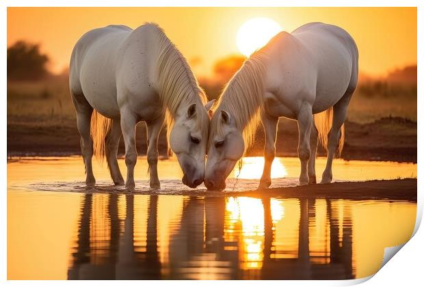 White Horses at Sunset Print by Massimiliano Leban