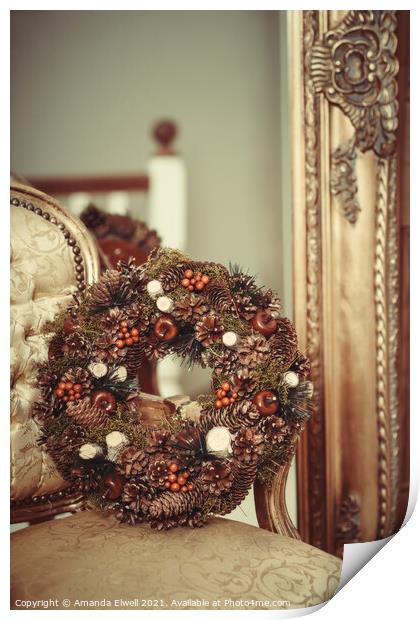Berries And Cones Christmas Wreath Print by Amanda Elwell