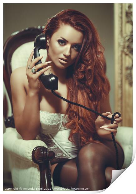 Woman In Lingerie On Telephone Print by Amanda Elwell