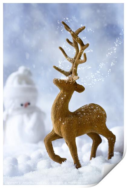 Reindeer In Snow Print by Amanda Elwell