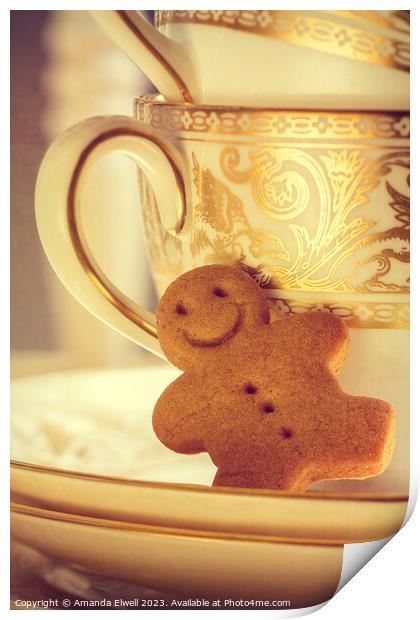 Gingerbread Man In Saucer Print by Amanda Elwell