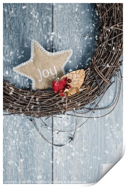 Christmas Wreath With Joy Star Print by Amanda Elwell