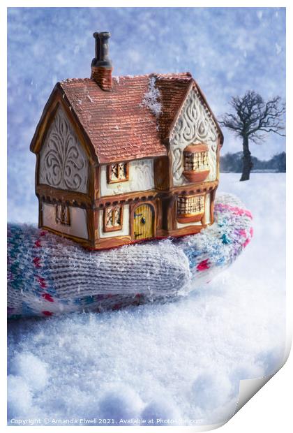 Winter Cottage In Gloved Hand Print by Amanda Elwell