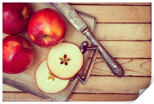 Apples On Rustic Chopping Board Print by Amanda Elwell