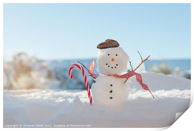 Happy Smiling Snowman With Candy Cane Print by Amanda Elwell