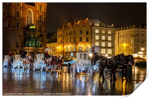 White Horse Drawn Carriages In The Old Town Square, Krakow, Poland Print by Peter Greenway