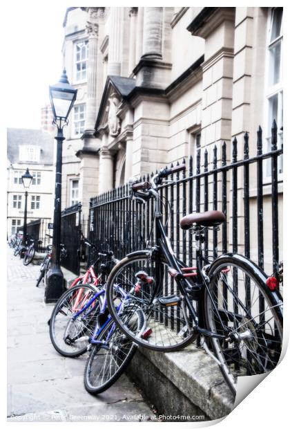 Bikes Chained Up Against Railings Outside Oxford University Coll Print by Peter Greenway