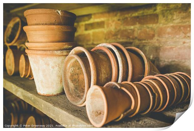 Traditional Terracotta Flower Pots In A Gardeners Shed Print by Peter Greenway