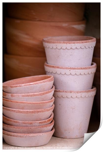 Pile Of Terracotta Flower Pots On A Shelf Print by Peter Greenway