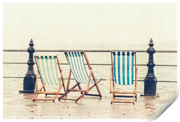 Deckchairs In The Rain At Torquay Print by Peter Greenway