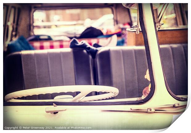 Split Window Of A 1950s Style VW Bully Camper Van Print by Peter Greenway