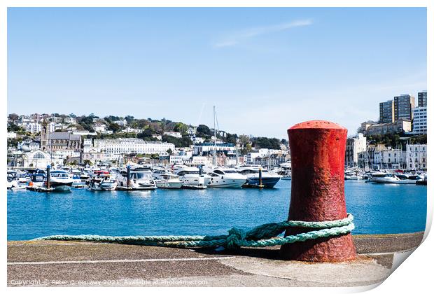 A Red Mooring Post At Torquay Marina, Devon Print by Peter Greenway