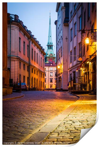 Deserted Streets In Gamla Stan, Stockholm At Dusk Print by Peter Greenway