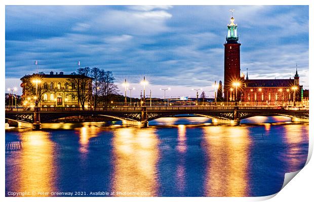 The Town Hall In Stockholm, Sweden At Night Print by Peter Greenway
