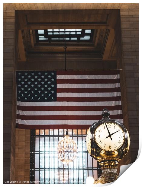 Grand Central Station in New York City - Iconic Clock and USA Flag Print by Peter Greenway