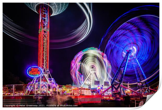 Witney Feast - 'Sky Flyer', 'Cage Rocker' and 'Air' Fairground Rides Print by Peter Greenway