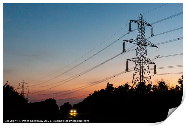 British Electricity Power Pylons At Sunset Print by Peter Greenway