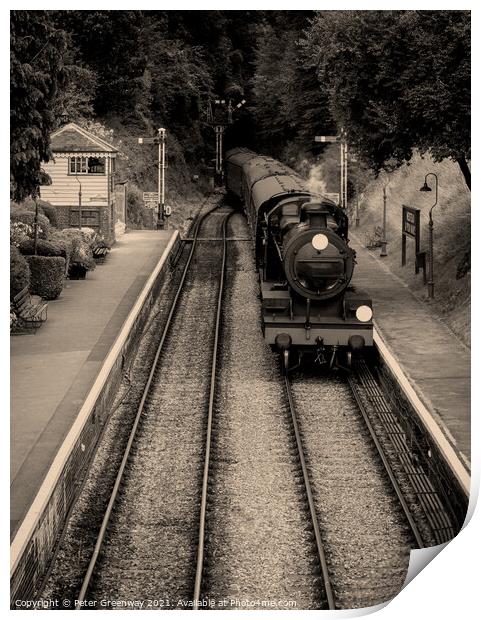 Steam Train & Carriages Arriving At A Quaint English Railway Station Print by Peter Greenway