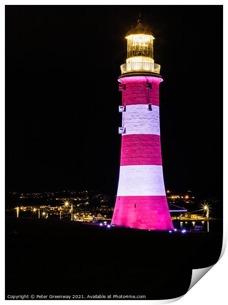 Smeaton's Tower Illuminated At Night On The Hoe, Plymouth Print by Peter Greenway