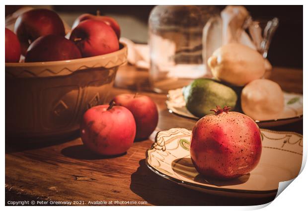 Festive Pomegranate & English Apples On A Rustic Kitchen Table Print by Peter Greenway