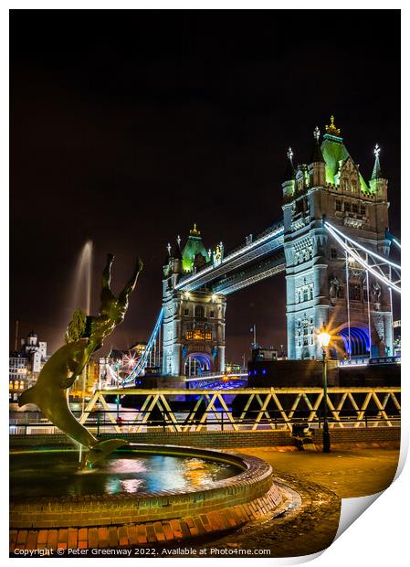 'Boy With A Dolphin' Fountain & Tower Bridge, London At Night Print by Peter Greenway