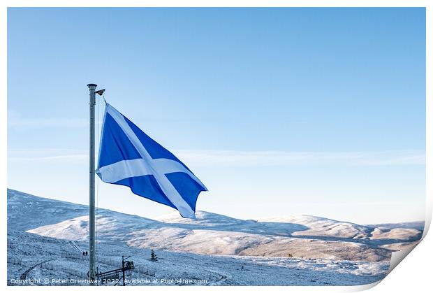 The Scottish Flag Flying In The Cairngorm Ski-Resort In The Scot Print by Peter Greenway