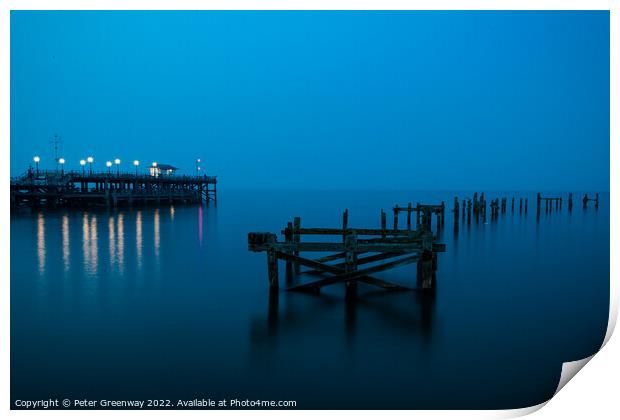 The Remains Of The Old Pier At Swanage, Dorset At Night Print by Peter Greenway