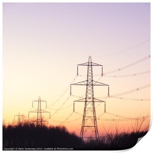 British Power Pylons On A Winters Evening Sunset Print by Peter Greenway