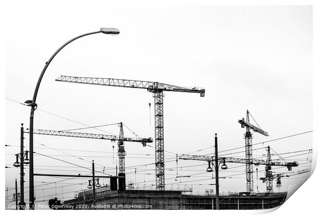 Cranes On A Building Site In Berlin Print by Peter Greenway